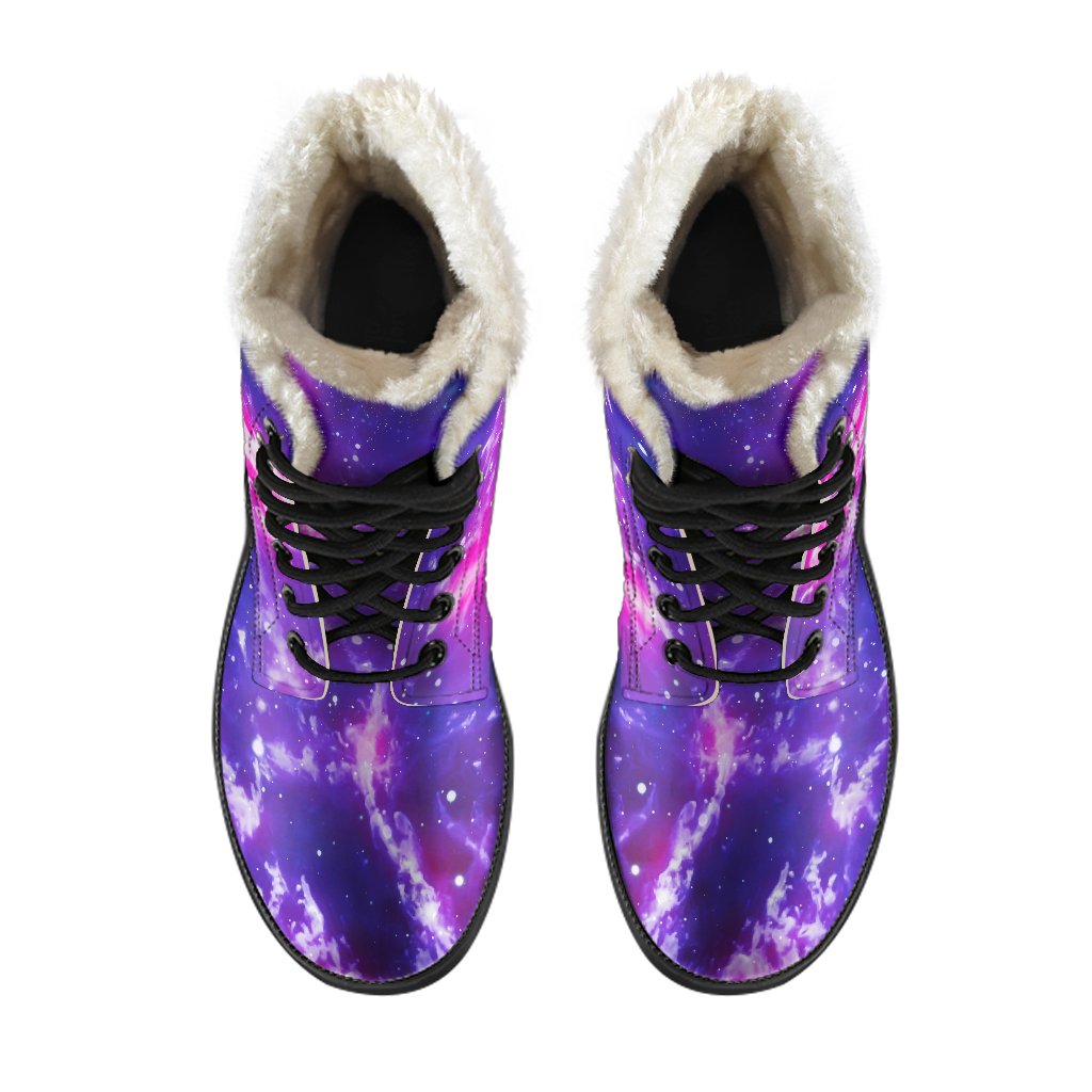 Dark Purple Universe Galaxy Space Print Faux Fur Leather Boots for Trendy Hippies - 4