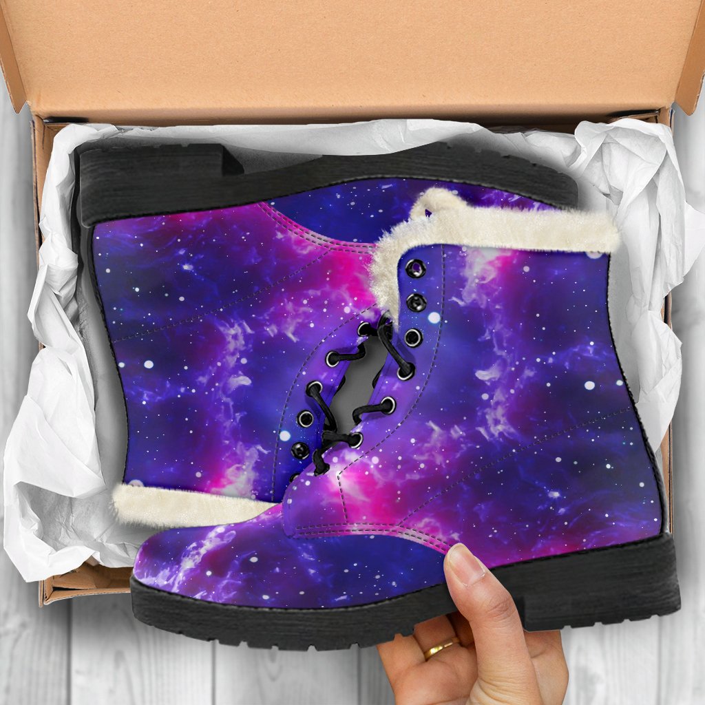 Dark Purple Universe Galaxy Space Print Faux Fur Leather Boots for Trendy Hippies - 5