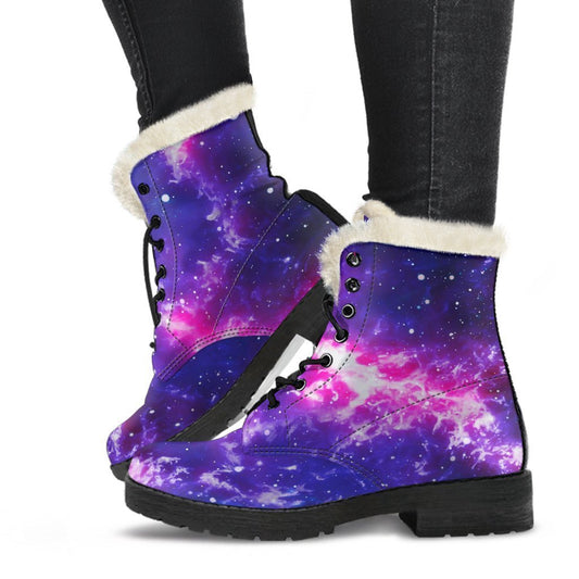 Dark Purple Universe Galaxy Space Print Faux Fur Leather Boots for Trendy Hippies - 1