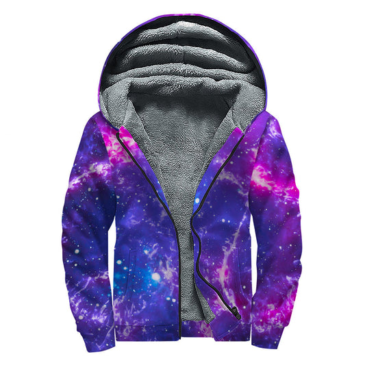 Dark Purple Universe Galaxy Space Print Sherpa Lined Zip Up Hoodie for Cosmic Hippies - 1