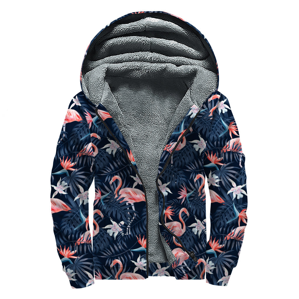 Dark Tropical Flamingo Sherpa Lined Zip Up Hoodie for the Free-Spirited Hippie - 1