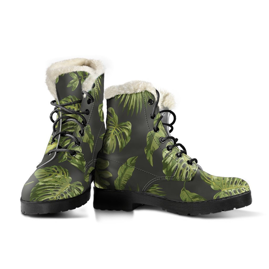 Dark Tropical Leaf Pattern Faux Fur Leather Boots for Groovy Hippies - 3