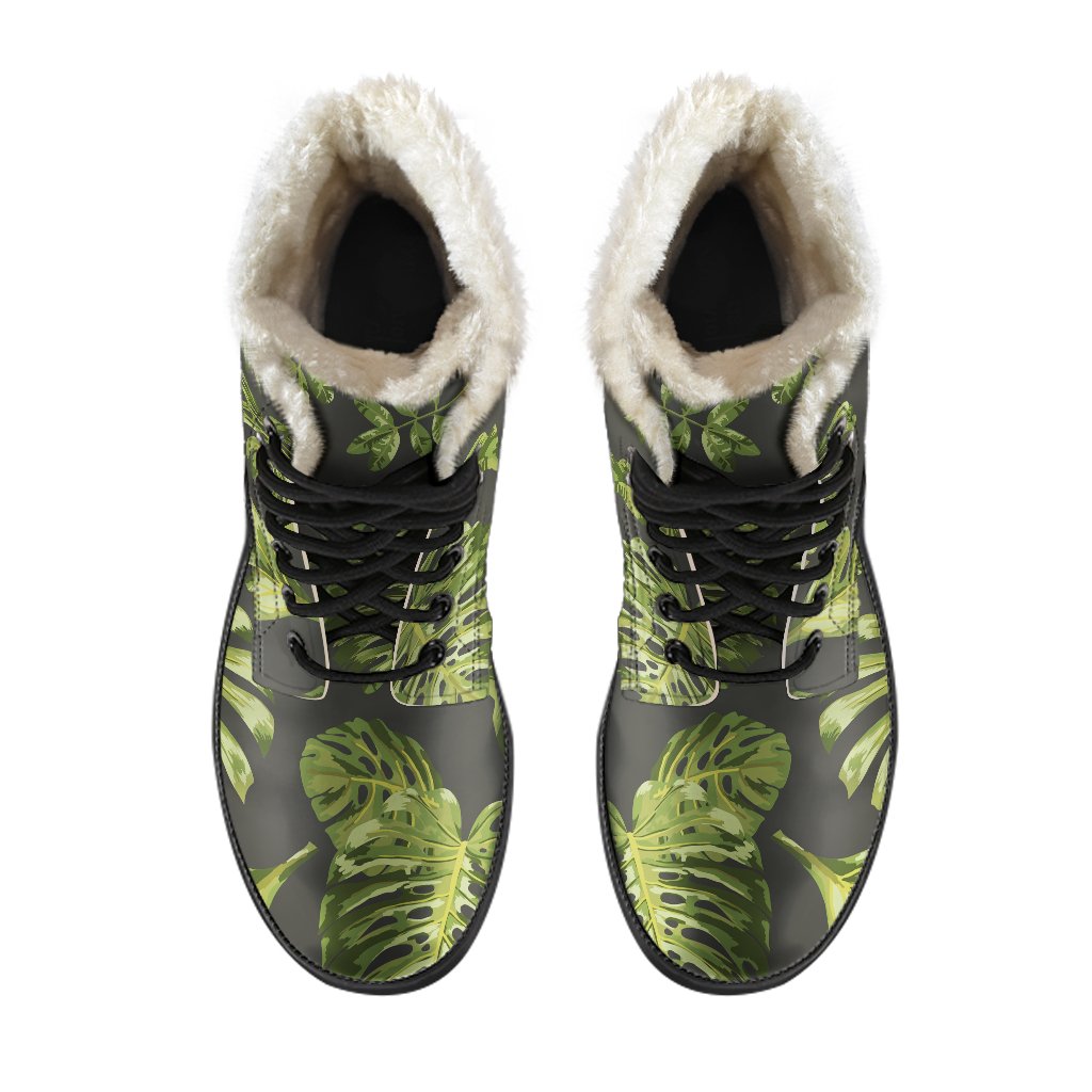 Dark Tropical Leaf Pattern Faux Fur Leather Boots for Groovy Hippies - 4