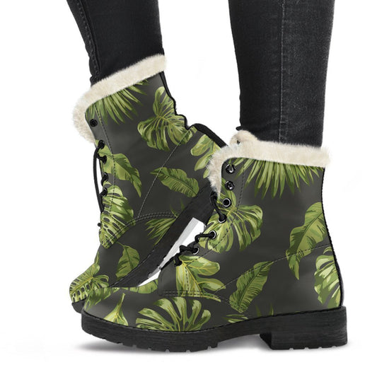 Dark Tropical Leaf Pattern Faux Fur Leather Boots for Groovy Hippies - 1