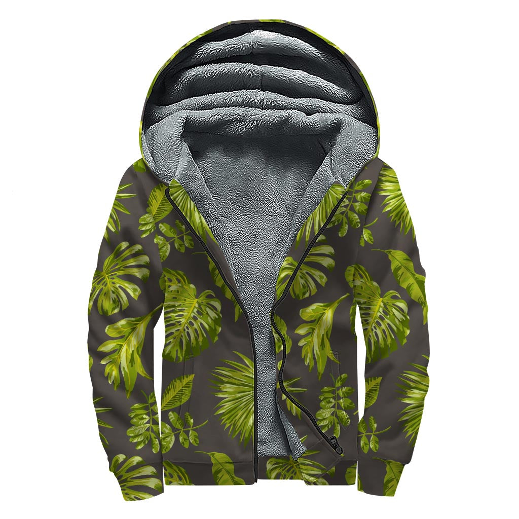 Dark Tropical Leaf Pattern Print Sherpa Lined Zip Up Hoodie for Hippie Style Enthusiasts - 1