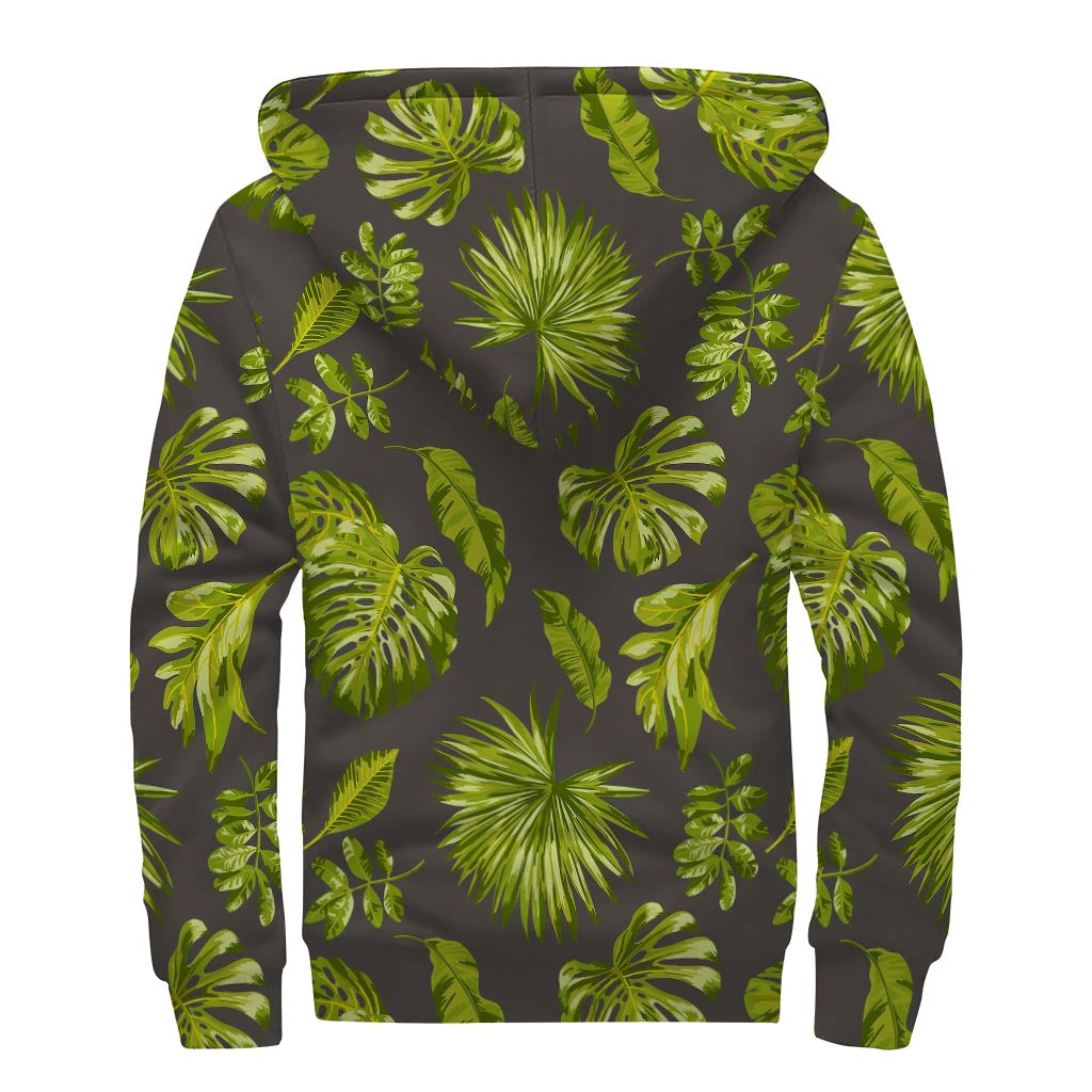 Dark Tropical Leaf Pattern Print Sherpa Lined Zip Up Hoodie for Hippie Style Enthusiasts - 2