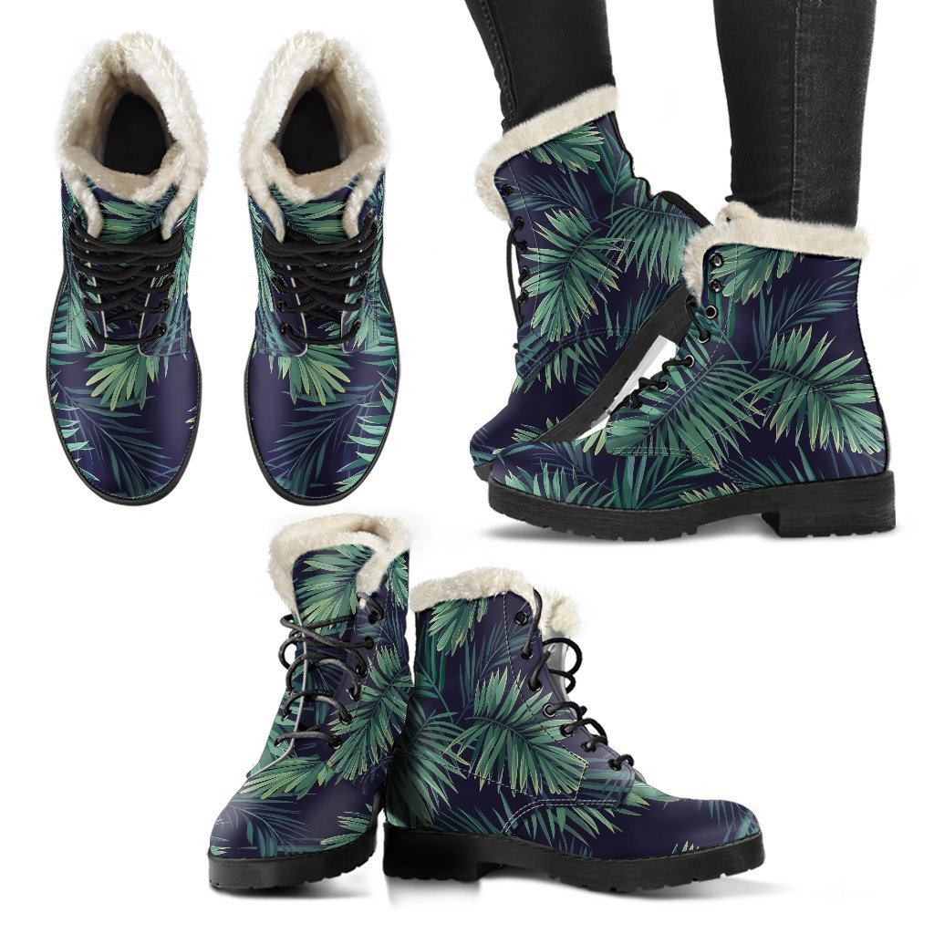 Dark Tropical Palm Leaf Faux Fur Leather Boots: Embrace Your Hippie Style - 2