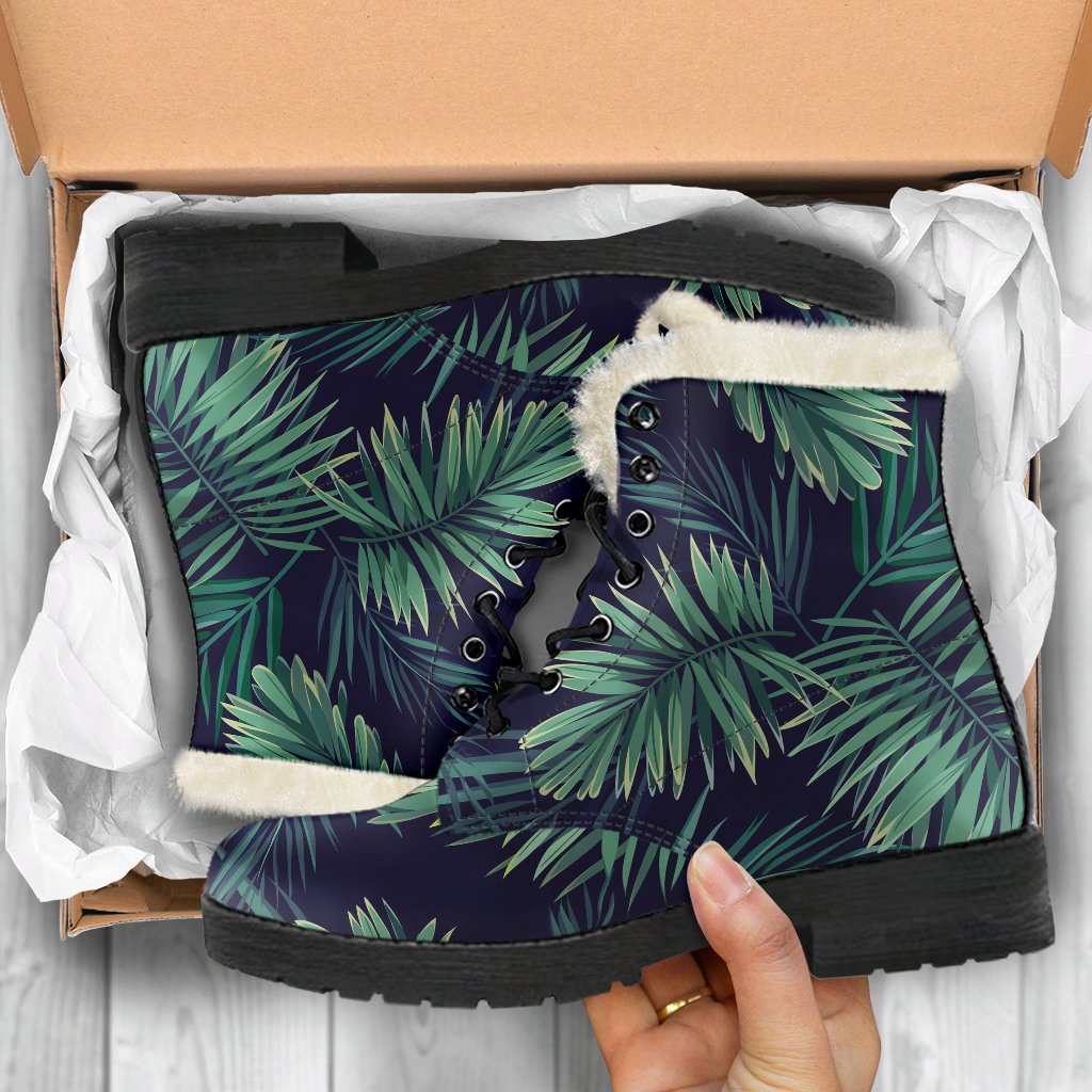 Dark Tropical Palm Leaf Faux Fur Leather Boots: Embrace Your Hippie Style - 5