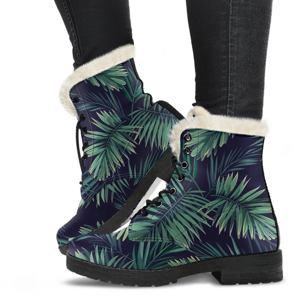 Dark Tropical Palm Leaf Faux Fur Leather Boots: Embrace Your Hippie Style - 1