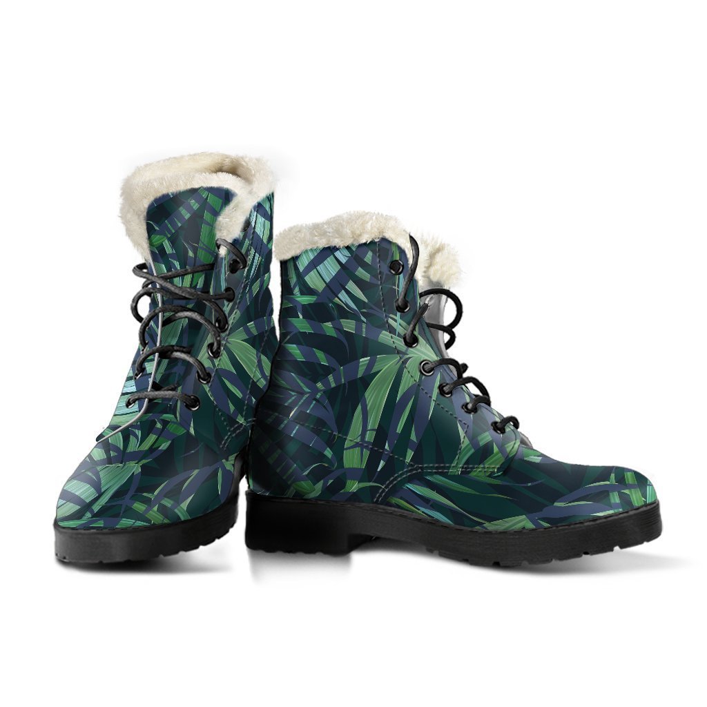 Groovy Faux Fur Leather Boots with Dark Tropical Palm Leaves Pattern - 3