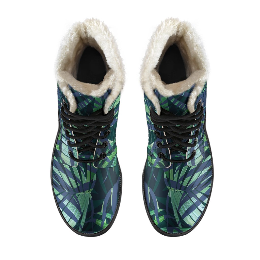 Groovy Faux Fur Leather Boots with Dark Tropical Palm Leaves Pattern - 4