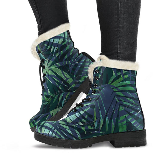 Groovy Faux Fur Leather Boots with Dark Tropical Palm Leaves Pattern - 1