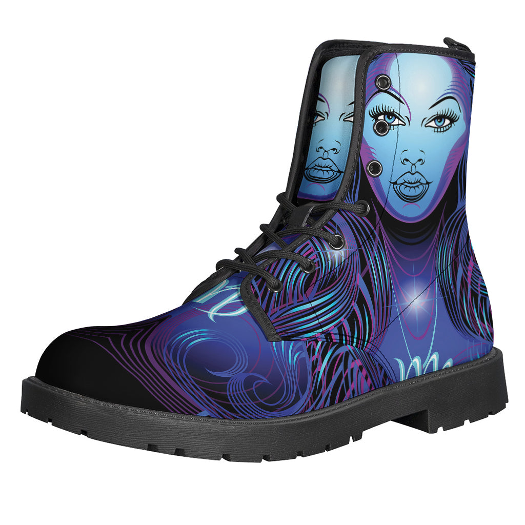 Step into the Groovy Vibes with Dark Virgo Zodiac Sign Print Leather Boots - 1