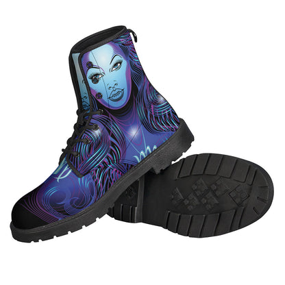 Step into the Groovy Vibes with Dark Virgo Zodiac Sign Print Leather Boots - 2