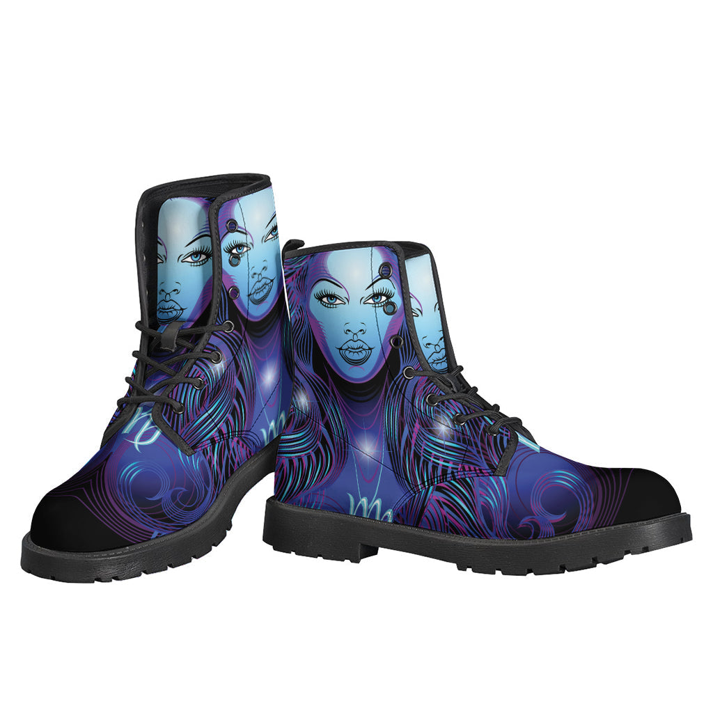 Step into the Groovy Vibes with Dark Virgo Zodiac Sign Print Leather Boots - 3