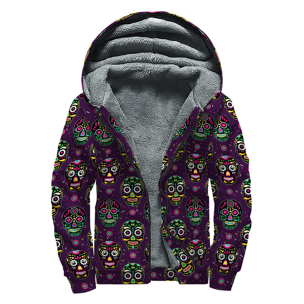 Groovy Day of the Dead Sugar Skull Print Sherpa Lined Hippie Zip Up Hoodie - 1