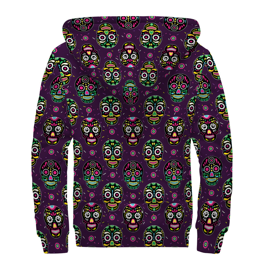 Groovy Day of the Dead Sugar Skull Print Sherpa Lined Hippie Zip Up Hoodie - 2