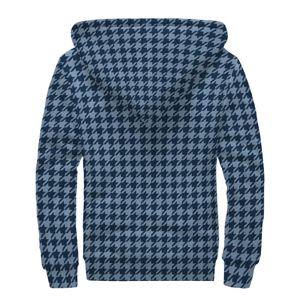 Deep Blue Houndstooth Pattern Sherpa-Lined Zip Up Hoodie: The Ultimate Hippie Style - 2