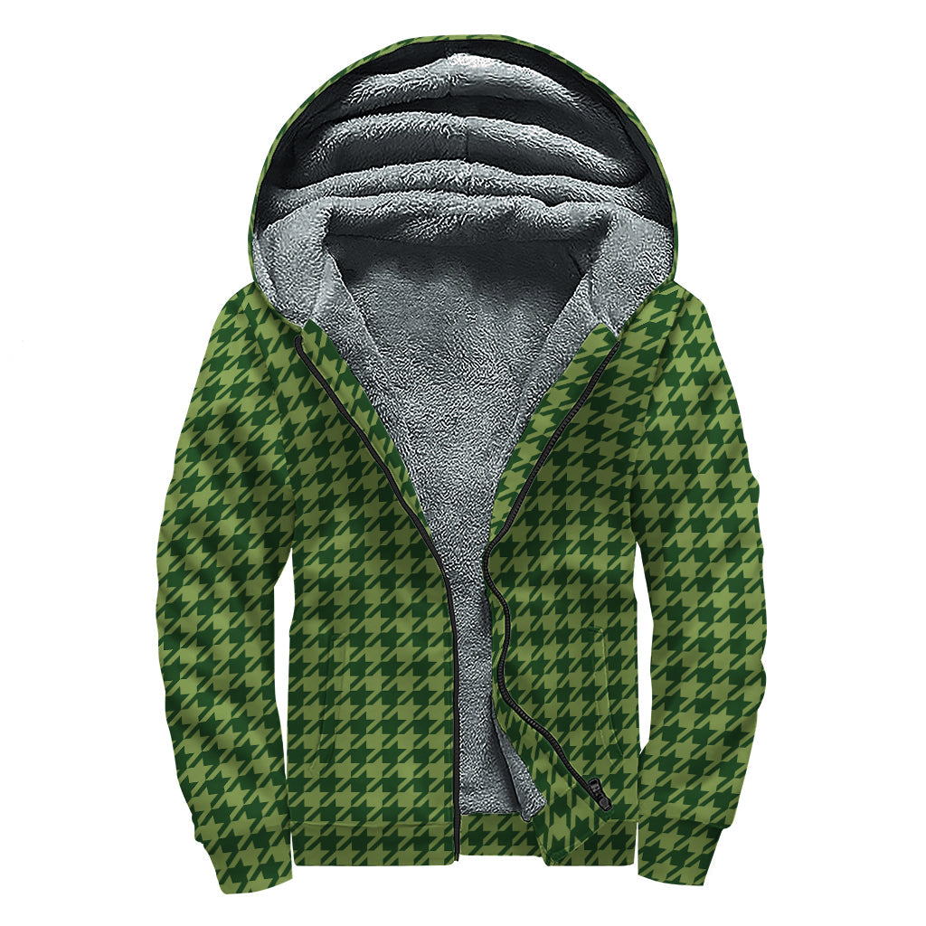 Deep Green Houndstooth Sherpa Vibes Zip Up Hoodie - 1