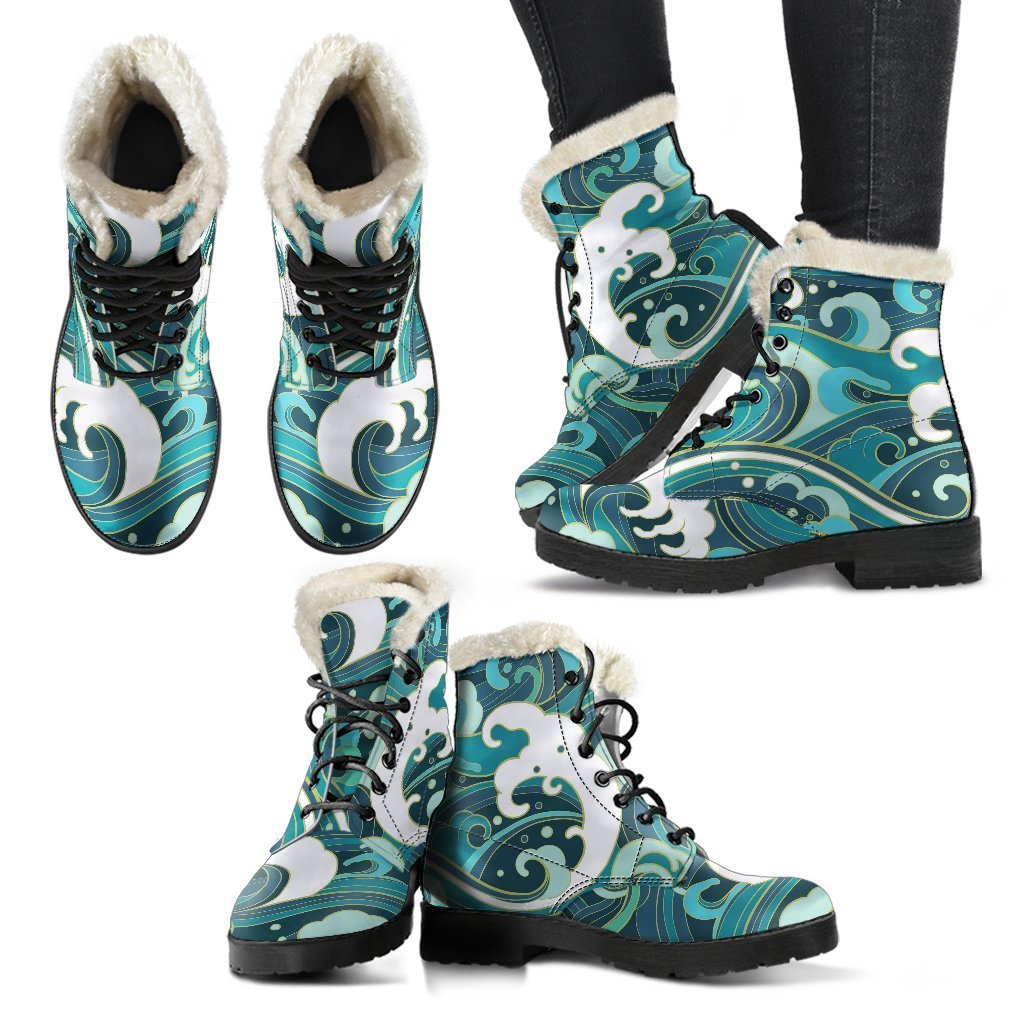 Deep Sea Wave Surfing Faux Fur Leather Boots for Stylish Hippies - 2