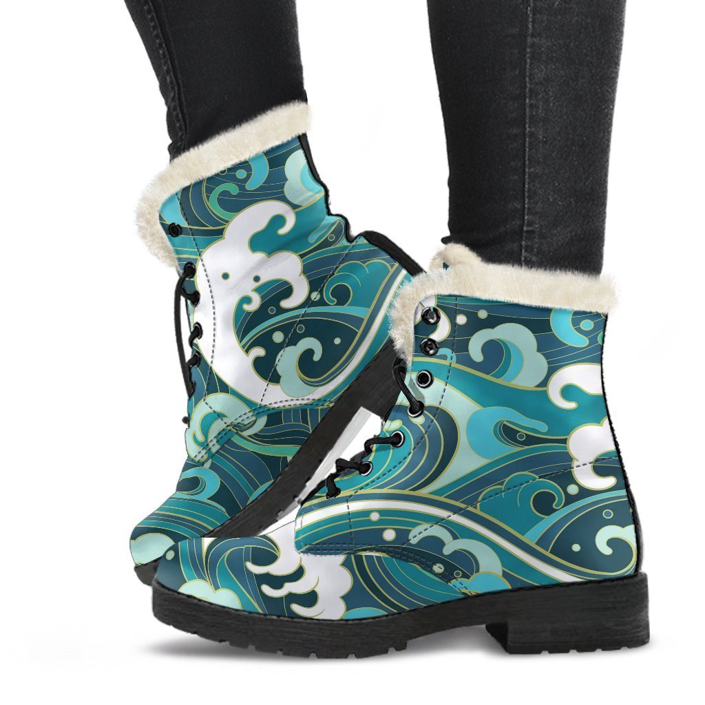 Deep Sea Wave Surfing Faux Fur Leather Boots for Stylish Hippies - 1