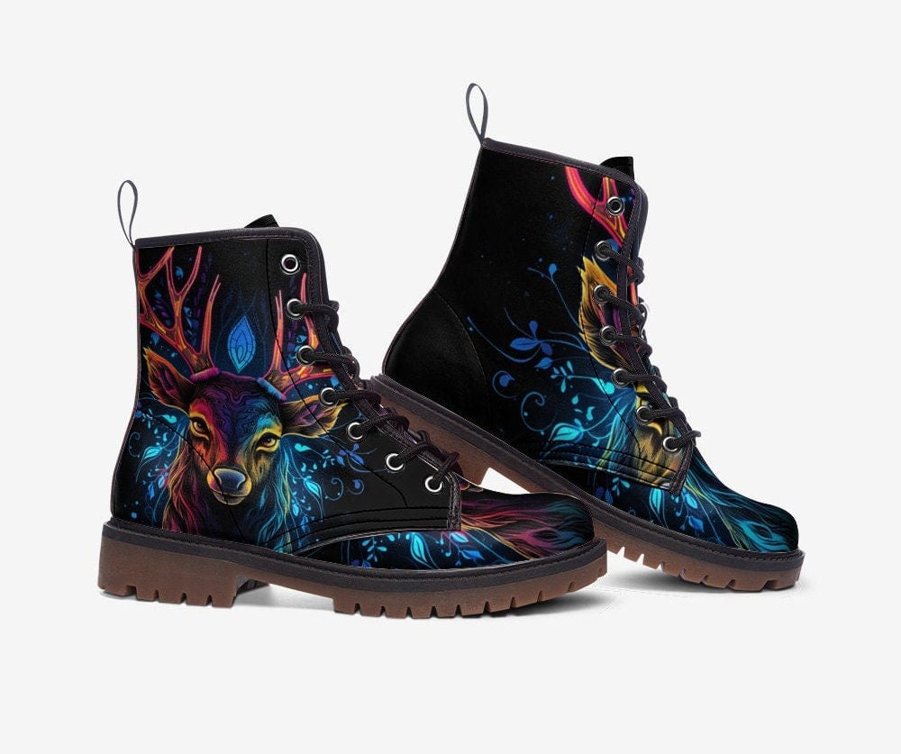 Emerald Blossoms - Deer Combat Boots, Neon Glowing, Vegan Leather Boots For Hippies