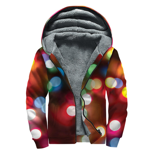 Groovy Vibes: Defocused Christmas Lights Print Sherpa Lined Zip Up Hoodie - 1