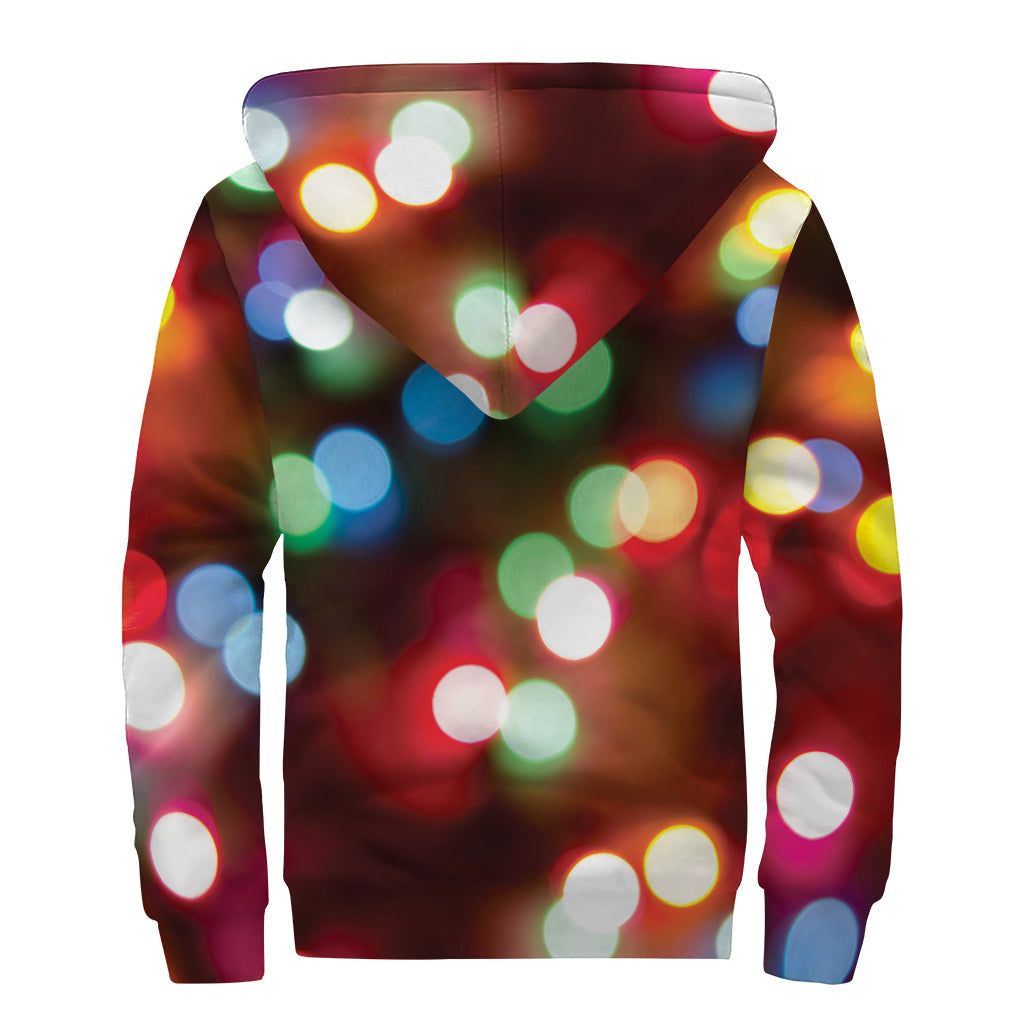 Groovy Vibes: Defocused Christmas Lights Print Sherpa Lined Zip Up Hoodie - 2