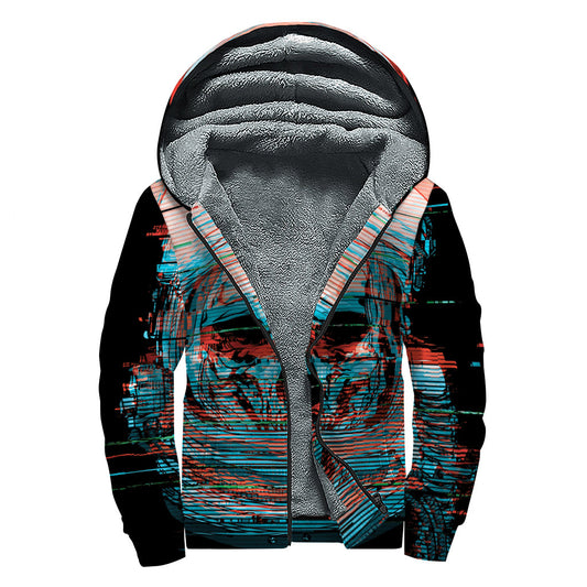 Digital Glitch Astronaut Skull Print Sherpa Lined Zip Up Hoodie: A Hippie's Dream Piece - 1