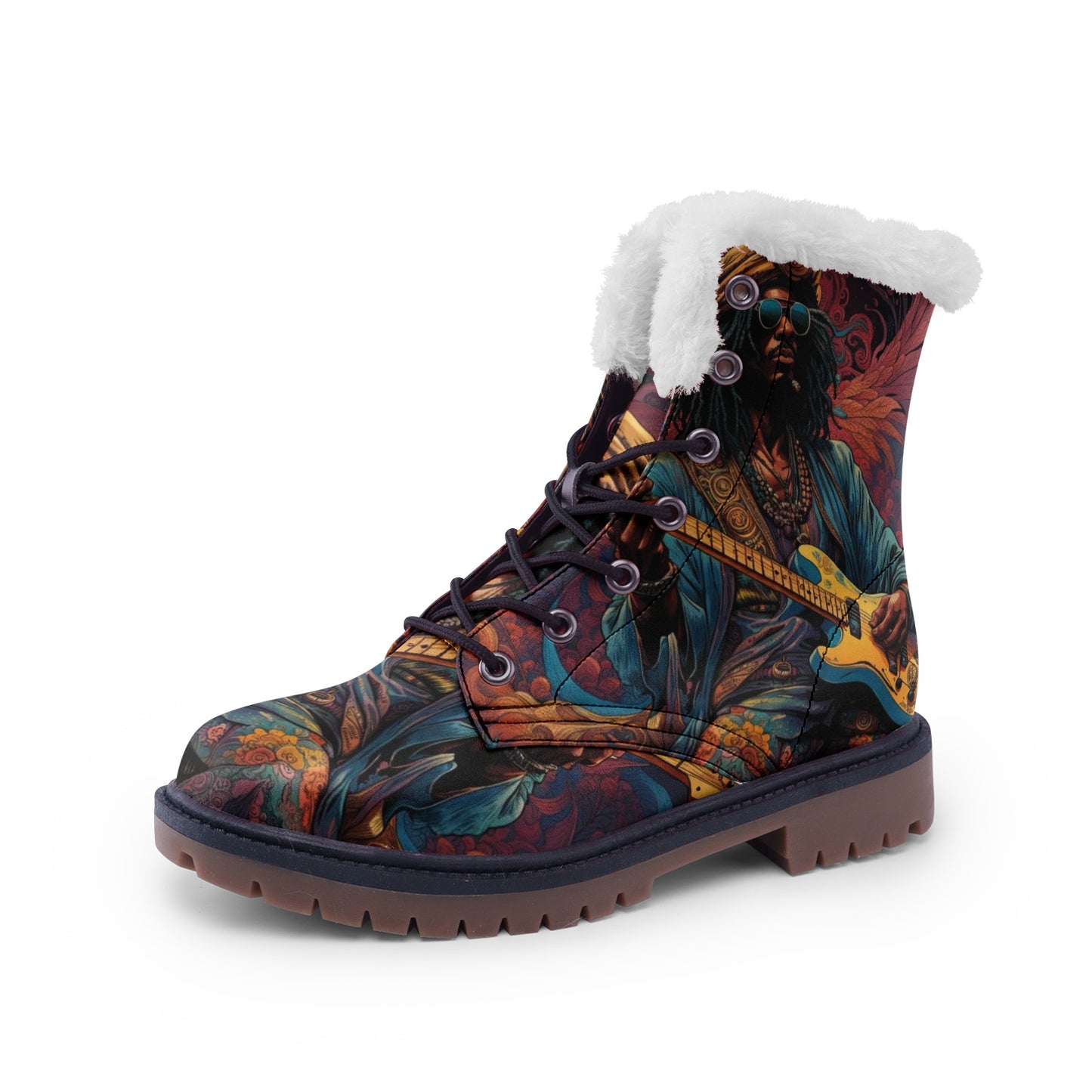 Emerald Blossoms - Hippie Faux Fur Leather Boots For Music Lovers and Free Spirits