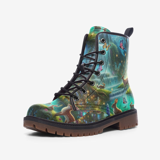 Emerald Blossoms - Waterfall Forest Vegan Leather Boots, Nature Lovers Hippie Style