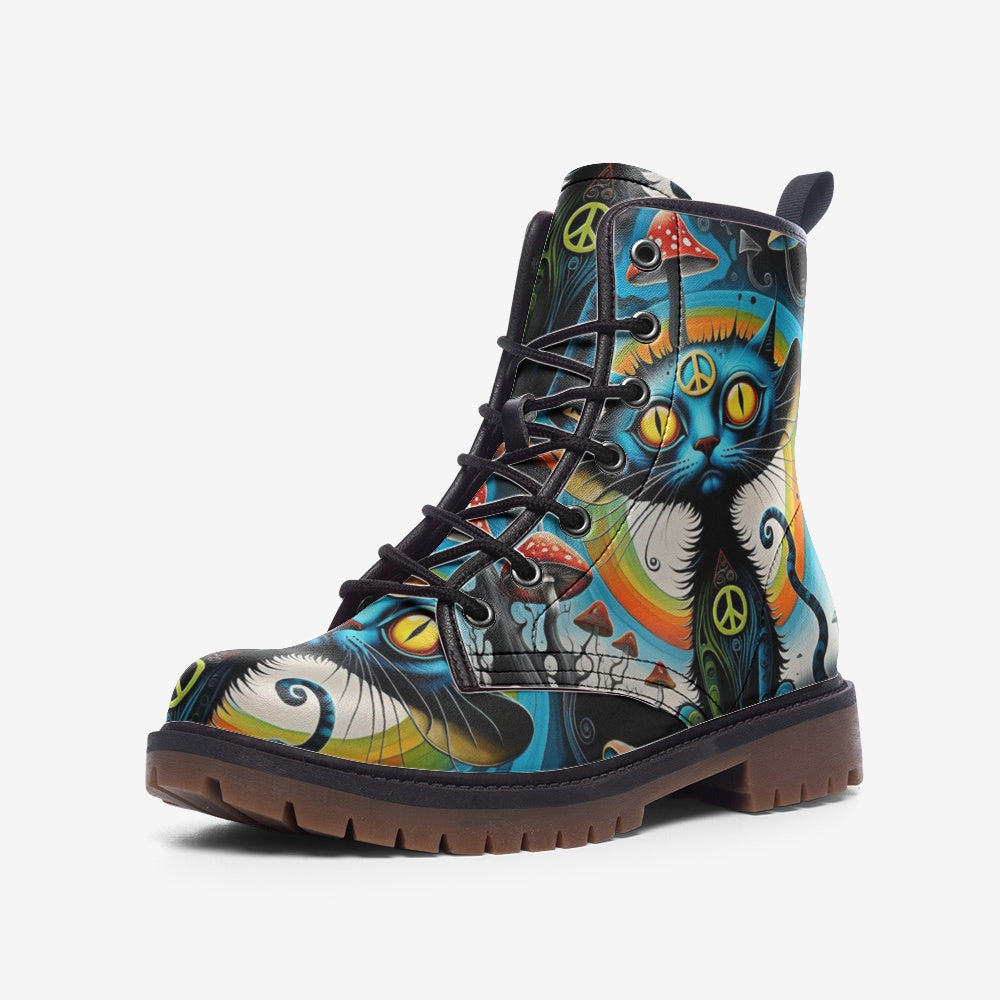 Emerald Blossoms - Hippie Cat & Psychedelic Mushroom Vegan Leather Boots