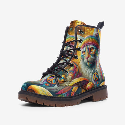 Emerald Blossoms - Hippie Cat & Mushroom Vegan Leather Combat Boots