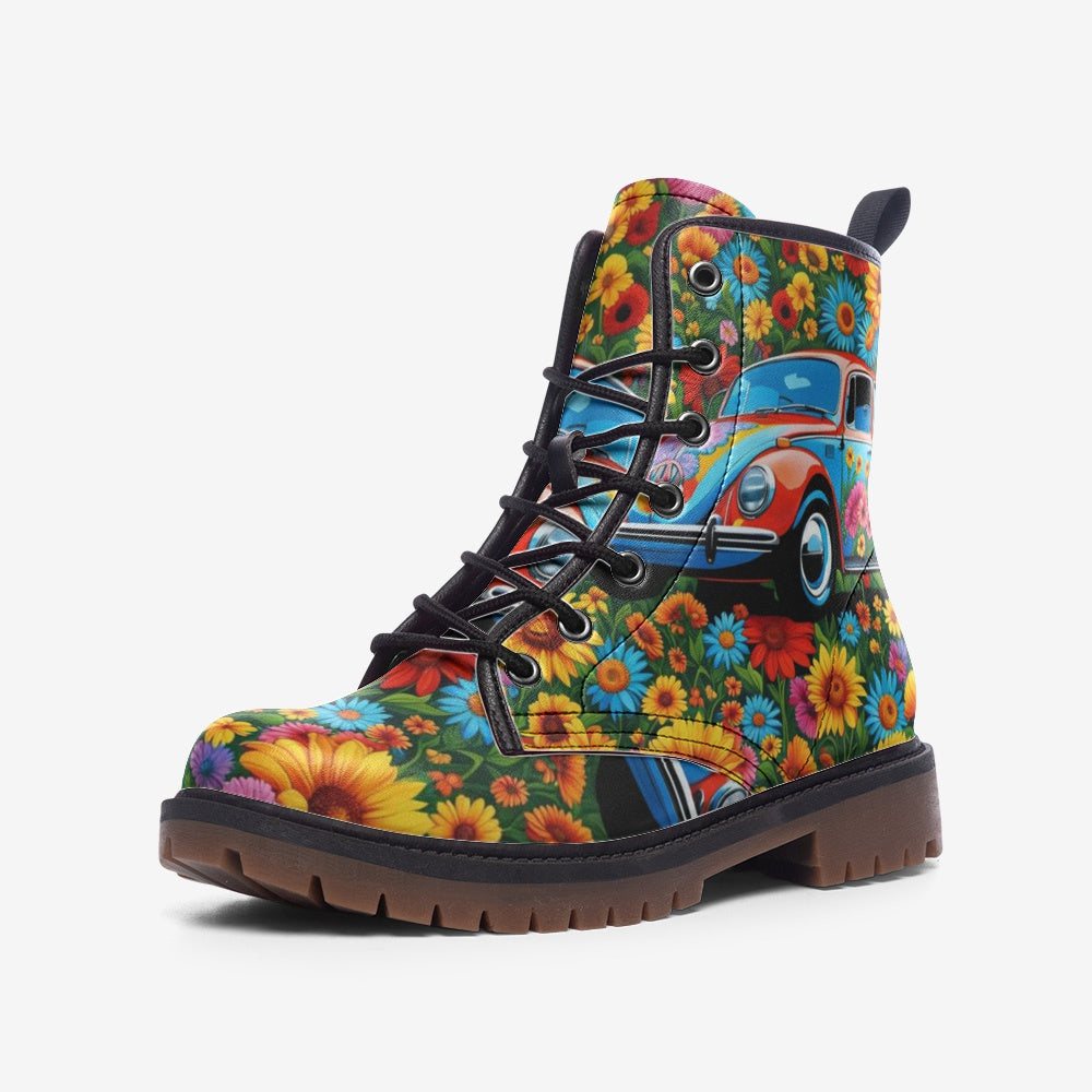 Emerald Blossoms - Volkswagen Beetle, Flower Shower Casual Leather Lightweight Boots For Hippies