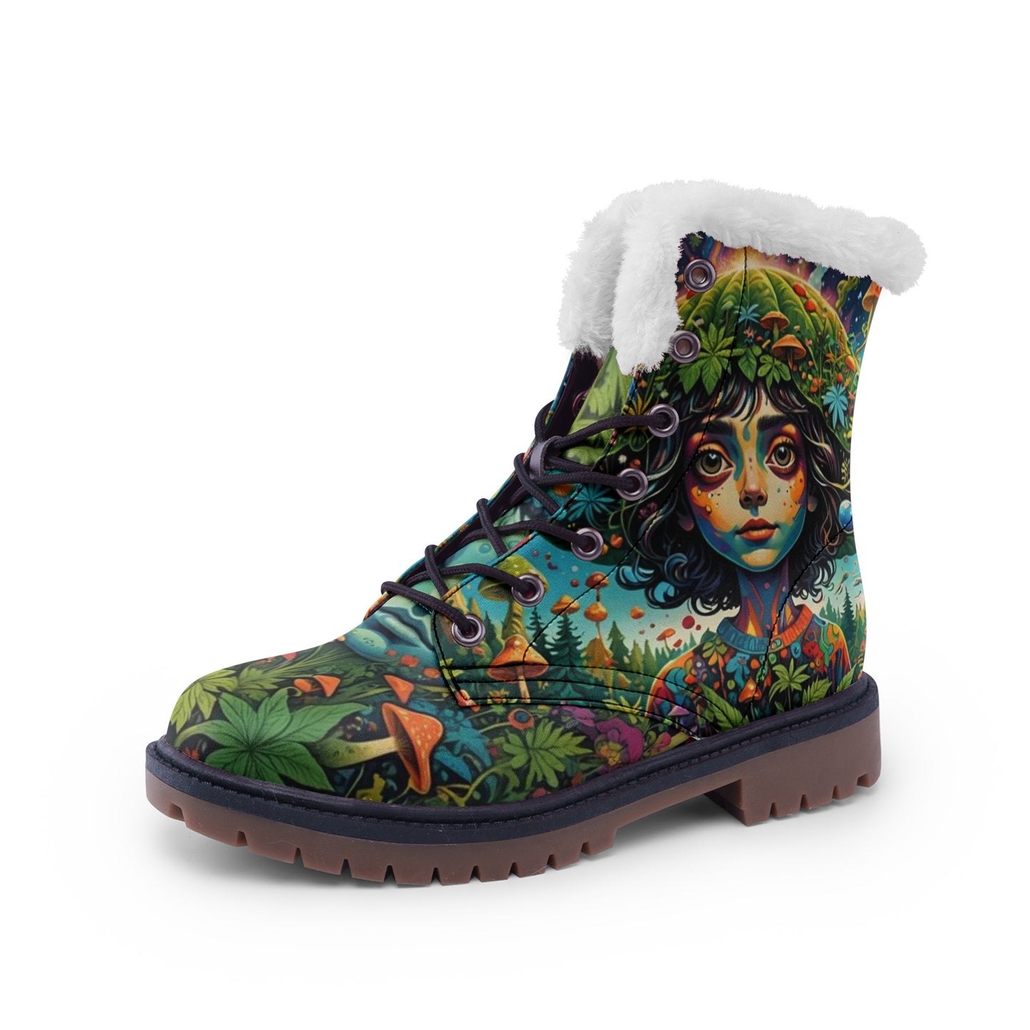 Emerald Blossoms - Forest Girl & Magic Mushrooms Faux Fur Leather Boots – Nature-Loving Hippie Style