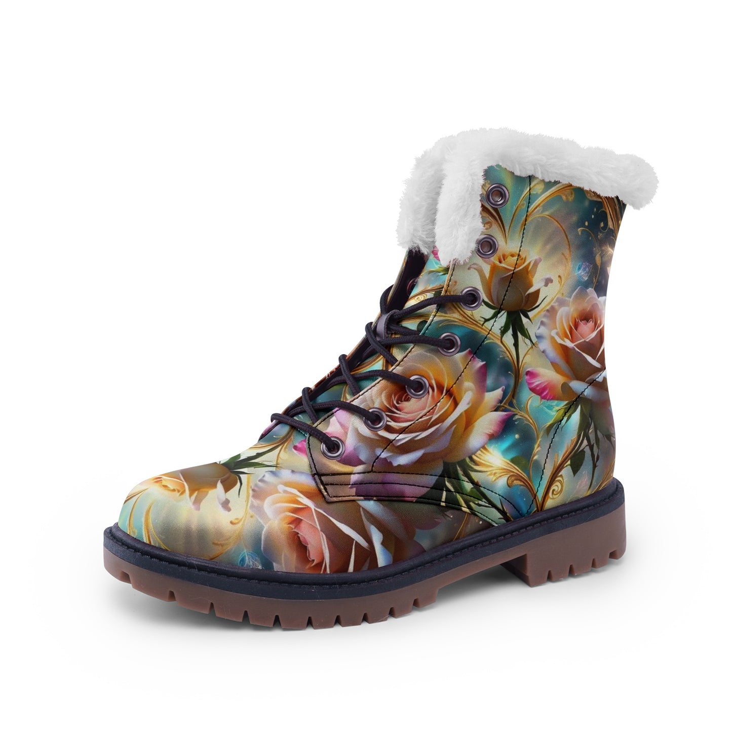 Emerald Blossoms - Boho Rose Faux Fur Leather Boots for Nature-Loving Hippies