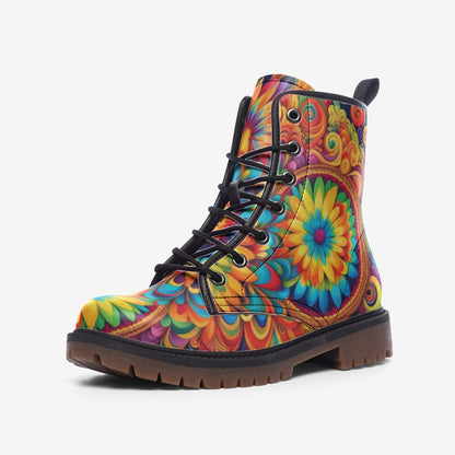 Emerald Blossoms - Hippie Floral Vegan Leather Combat Boots