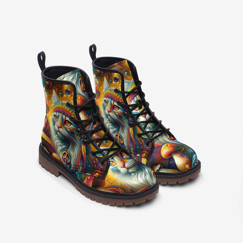 Emerald Blossoms - Hippie Cat & Mushroom Vegan Leather Combat Boots