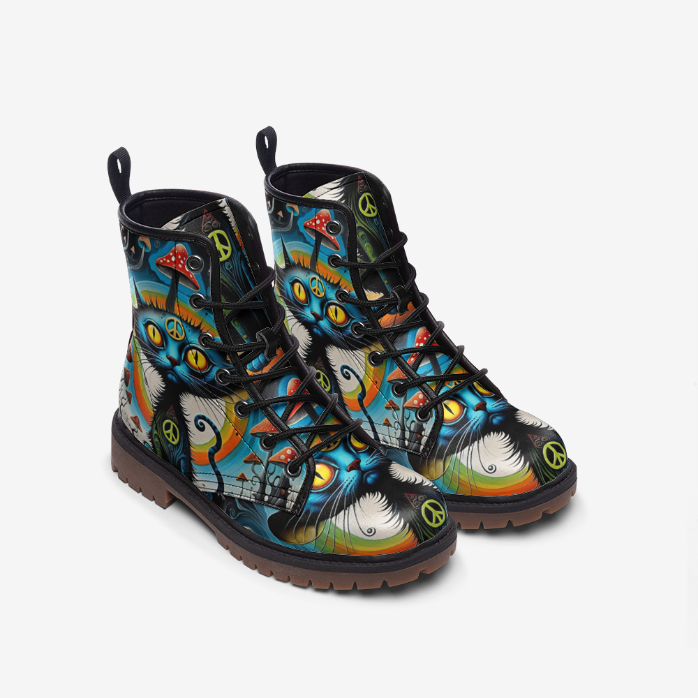 Emerald Blossoms - Hippie Cat & Psychedelic Mushroom Vegan Leather Boots