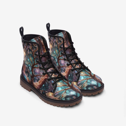 Emerald Blossoms - Tree of Life Hand Vegan Leather Boots, Boho Hippie Style