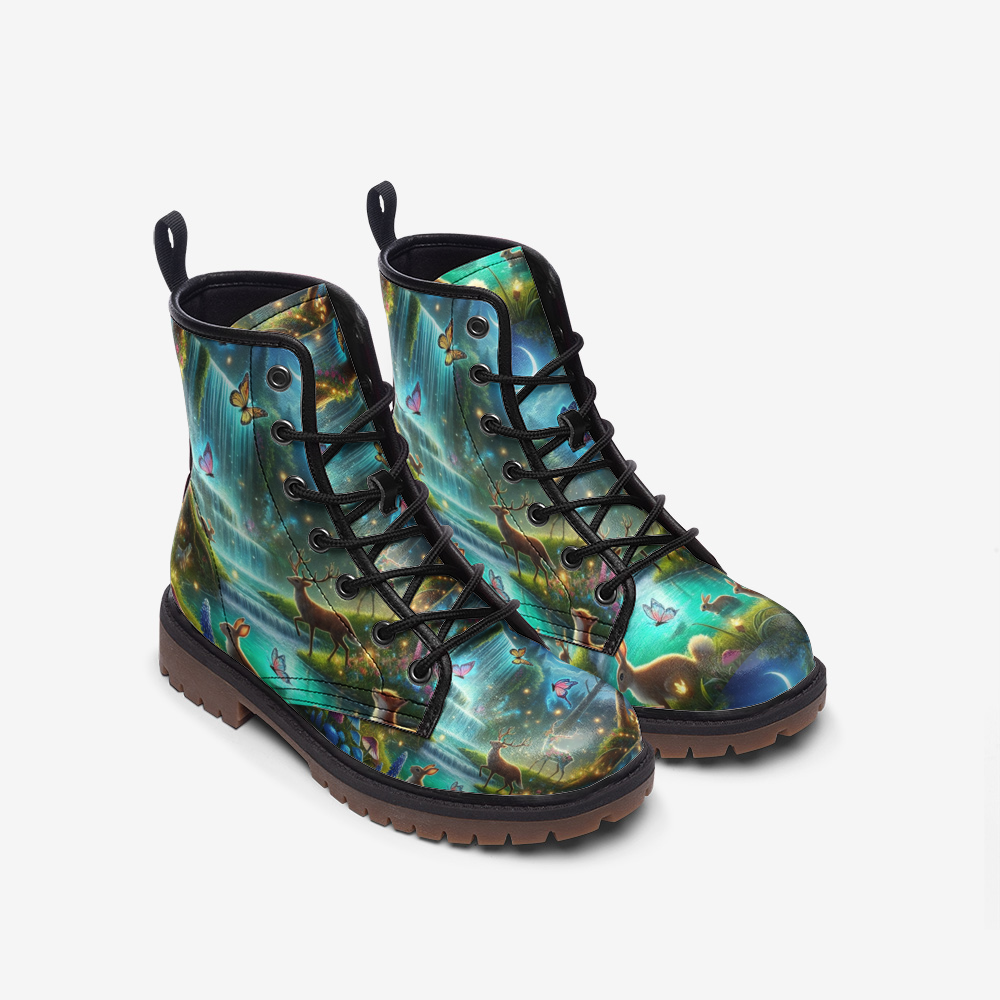 Emerald Blossoms - Waterfall Forest Vegan Leather Boots, Nature Lovers Hippie Style