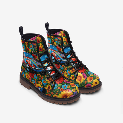 Emerald Blossoms - Volkswagen Beetle, Flower Shower Casual Leather Lightweight Boots For Hippies