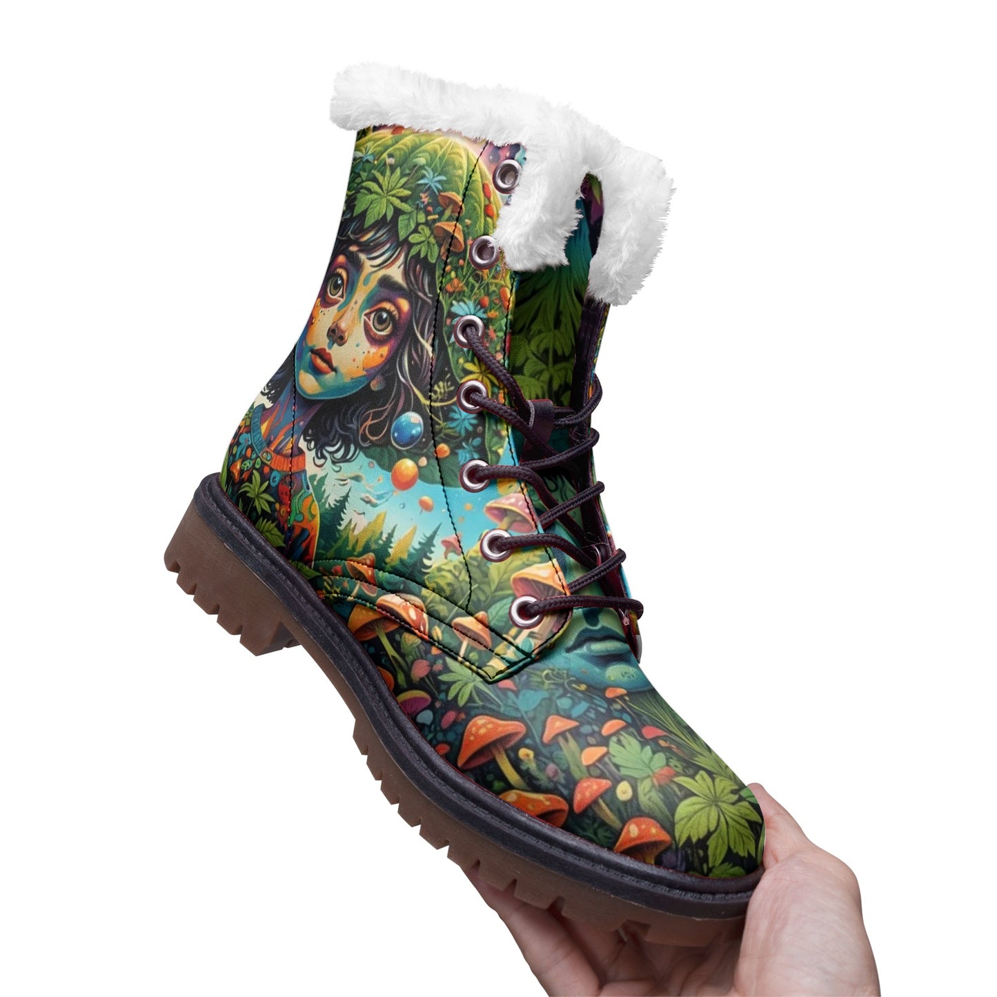 Emerald Blossoms - Forest Girl & Magic Mushrooms Faux Fur Leather Boots – Nature-Loving Hippie Style