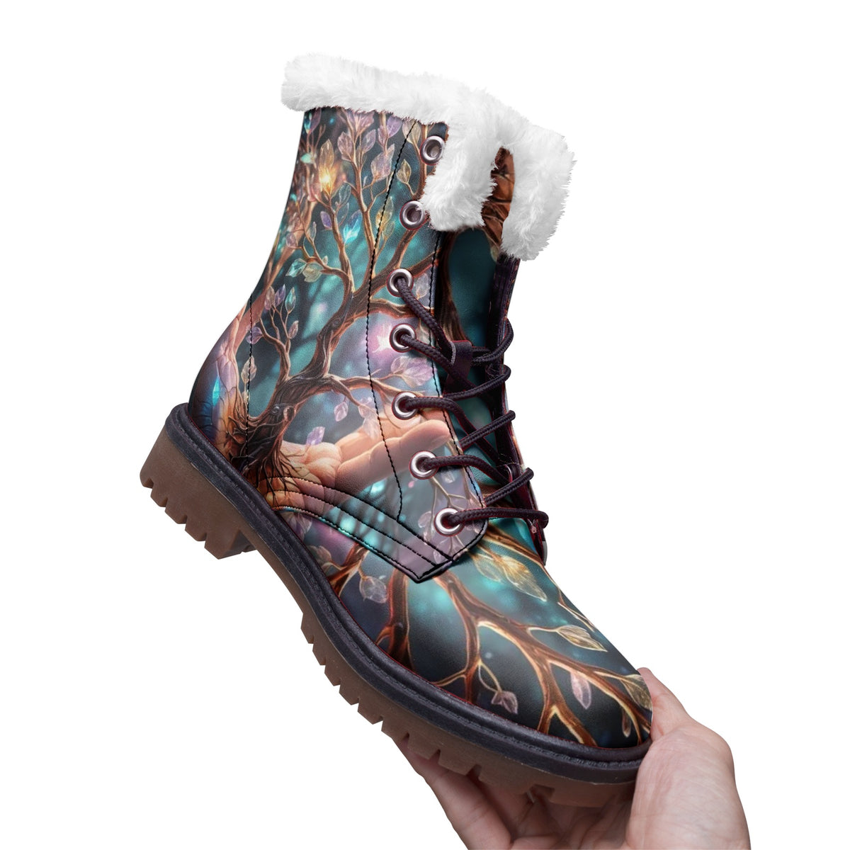 Emerald Blossoms - Colorful Tree of Life Faux Fur Leather Boots for Free-Spirited Hippies