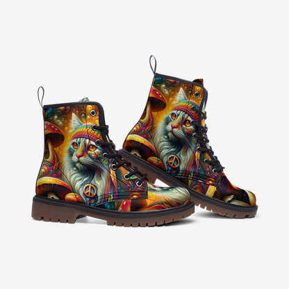 Emerald Blossoms - Hippie Cat & Mushroom Vegan Leather Combat Boots