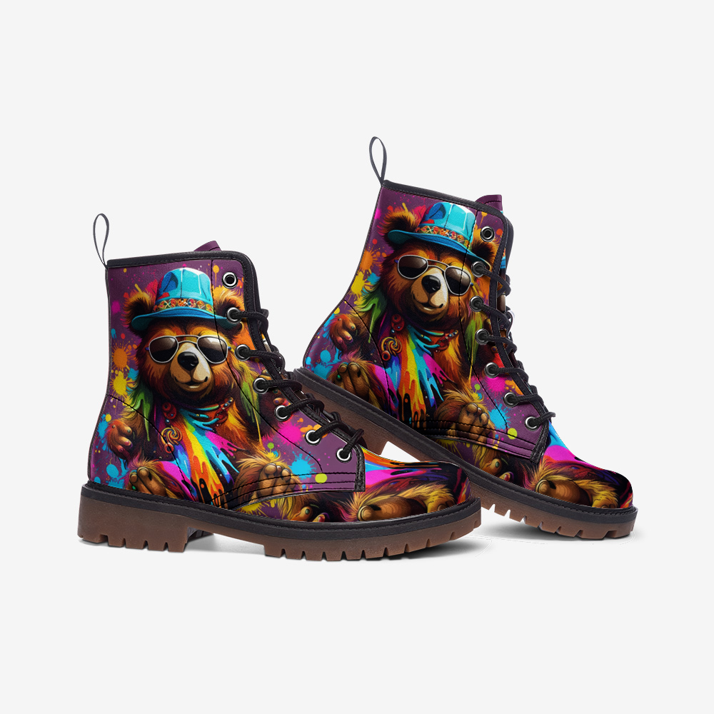 Emerald Blossoms - Cool Bear With Glasses Casual Leather Lightweight Boots