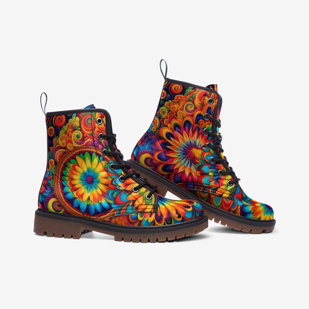 Emerald Blossoms - Hippie Floral Vegan Leather Combat Boots