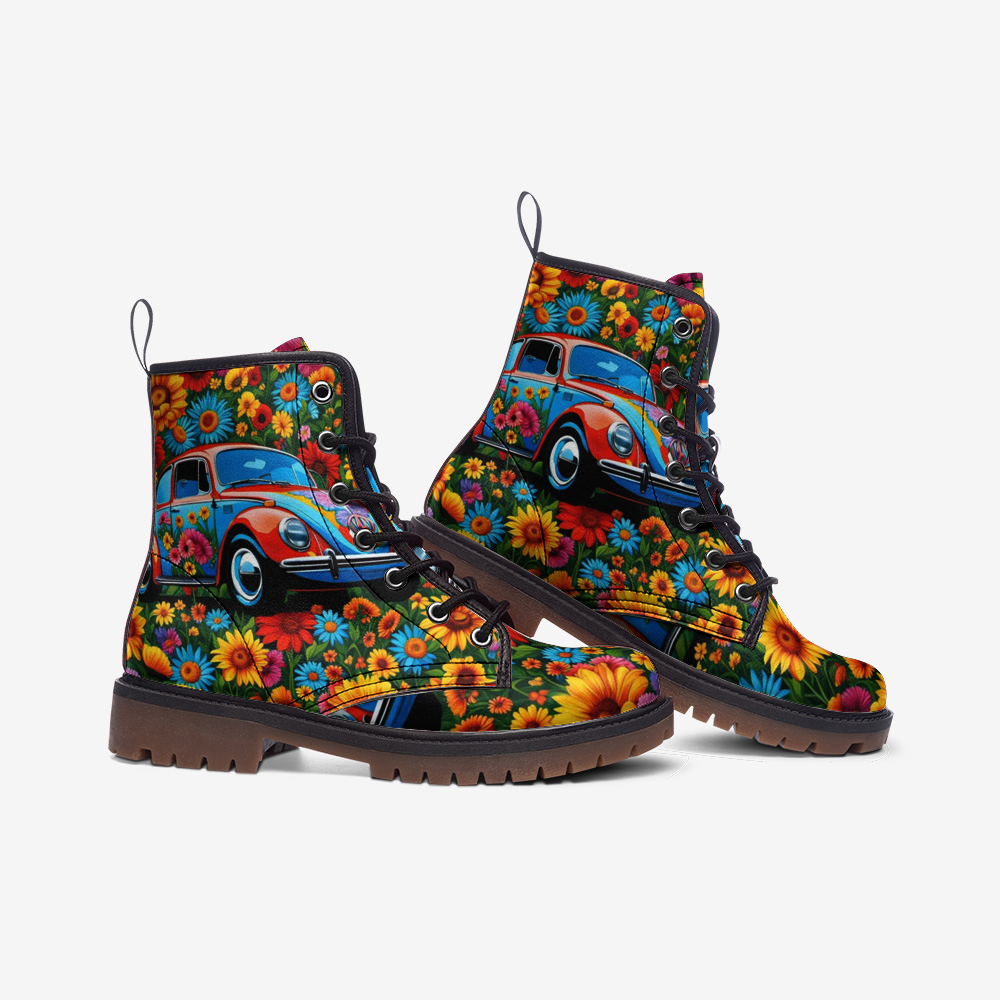 Emerald Blossoms - Volkswagen Beetle, Flower Shower Casual Leather Lightweight Boots For Hippies