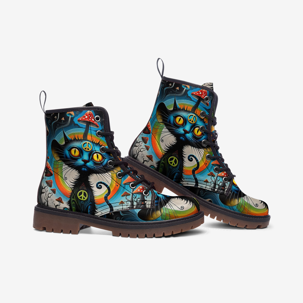 Emerald Blossoms - Hippie Cat & Psychedelic Mushroom Vegan Leather Boots