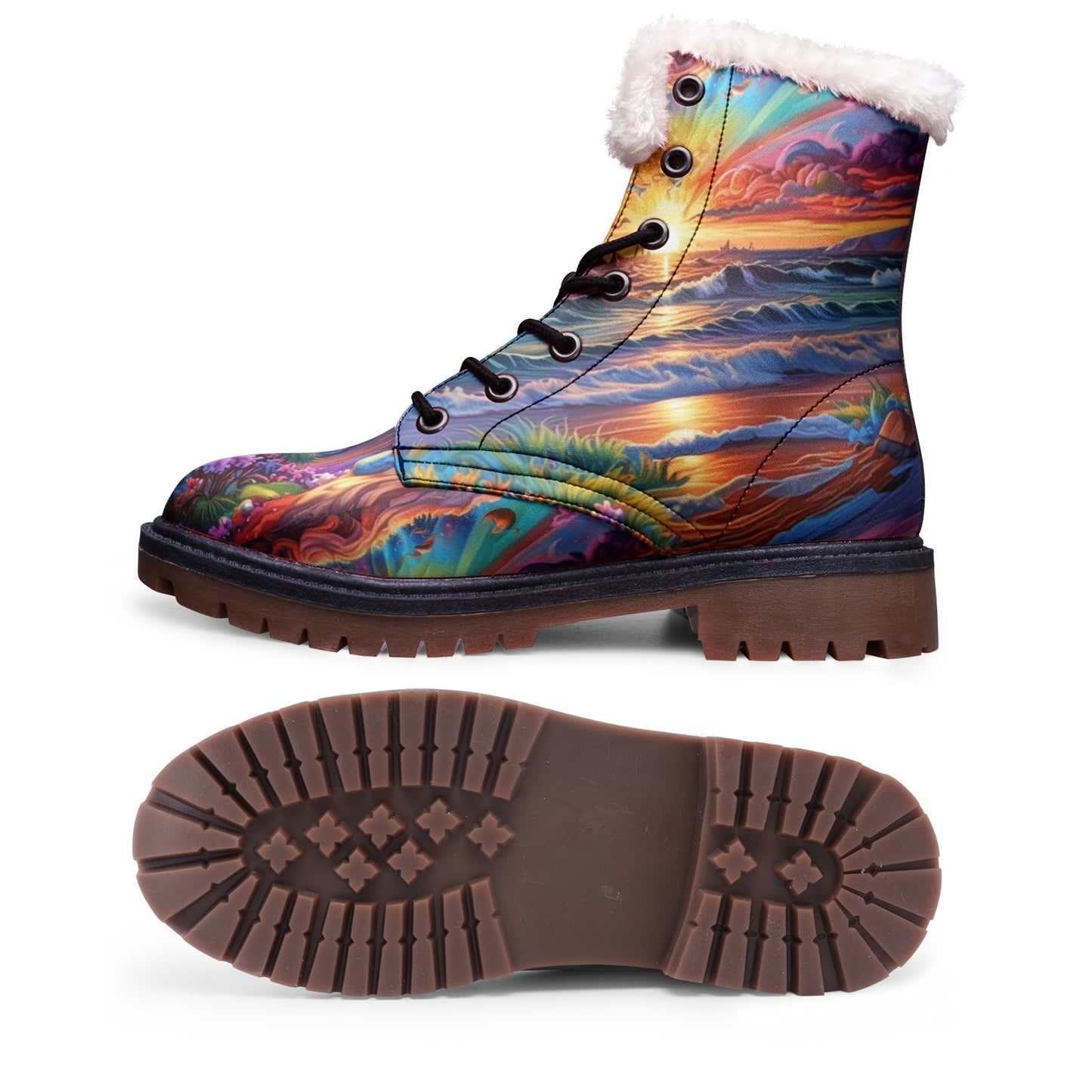 Emerald Blossoms - Colorful Sunset Beach Faux Fur Leather Boots, Vibrant Hippie Style Footwear